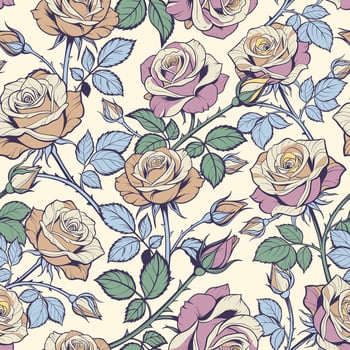 Elegant Vintage seamless botanical pattern featuring realistic roses with velvety petals and soft dewdrops on a warm cream background, ideal for fabric, gift wrap, invitations vector