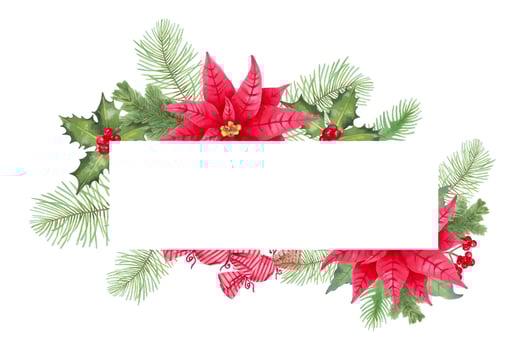 Poinsettia flower with holly berries and pine branches, candies for Christmas. Botanical watercolor illustration. Hand drawn isolated art. Horizontal frame with space for text for 2025 New Year vector