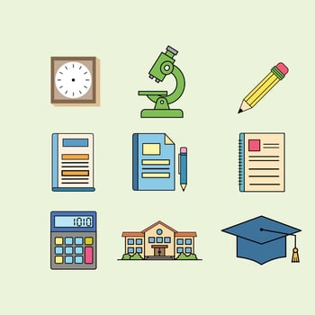 This flat-style educational icon set includes a wall clock, microscope, pencil, book, calculator, school, and graduation cap. Perfect for educational and school themes. vector