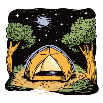 A yellow tent glows under a starry night sky with a full moon vector