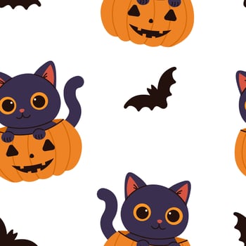 Seamless pattern of cute cartoon black cats with big eyes peeking from jack-o'-lanterns, floating with bats, perfect for Halloween decor, kids' crafts, and festive designs vector