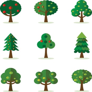 Collection of diverse green trees with leaves and fruits vector