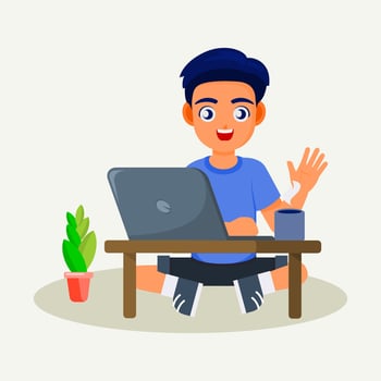 Modern Learning from Home A young individual immersed in his studies, interacts joyfully with his laptop, the indoor setting, showcasing a vibrant scene of remote learning, and study. vector