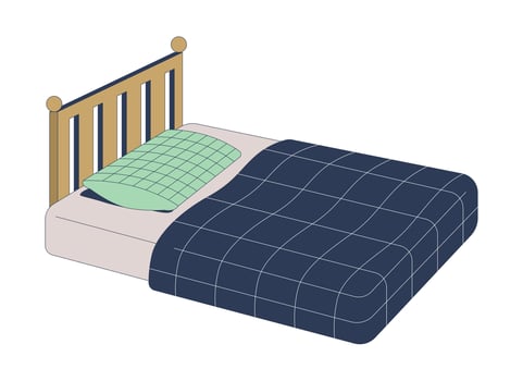 Neatly made single bed with wooden headboard 2D cartoon object. Bedroom furniture with cozy bedding. Soft mattress checkered blanket isolated element flat clip art on white. Spot illustration vector