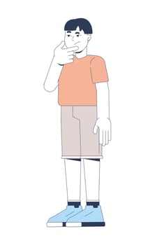 Young boy wondering hand on chin 2D cartoon character. Thinking kid standing, wearing shorts and tshirt. Smart child curiosity flat person isolated on white. Spot illustration colorful vector