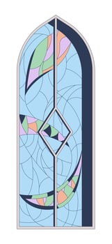 Decorative stained glass church window 2D cartoon object. Arched frame with sacred art. Chapel window with spiritual motif isolated element flat clip art on white. Spot illustration vector