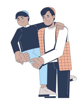 Jewish father in kippah carrying son in supportive embrace 2D cartoon characters. Fatherhood joy. Dad and boy wearing yarmulke flat people isolated on white. Spot illustration colorful vector