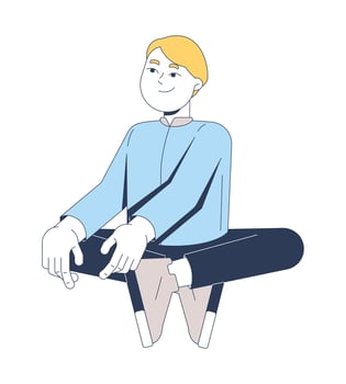 Smiling boy with blond hair sitting cross-legged 2D cartoon character. Caucasian young male child crosslegged looking calm and relaxed flat person isolated on white. Spot illustration colorful vector