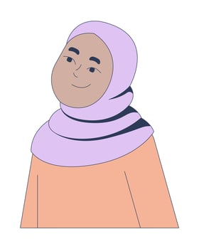 Smiling muslim girl in purple hijab 2D cartoon character. Islamic modesty, ethnic headscarf. Arab female child in modest attire flat person isolated on white. Spot illustration colorful vector