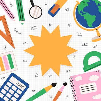 Back to school poster template. Education background with hand drawn elements. School supplies. Globe, rulers, book, pencils, doodle. design for card, flyer, sale vector