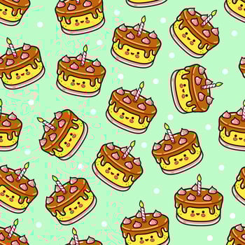 Cute cartoon birthday cakes create a charming and festive pattern on a soft green backdrop. vector