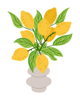 Hand drawn bunch of lemons with green leaves arranged in a decorative vase. Freshness and nature concept symbolizing summer harvest and organic lifestyle vector