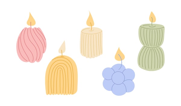 Set of hand drawn decorative candles in various cozy shapes and pastel colors. Concept of home comfort, relaxation and aesthetic interior atmosphere vector