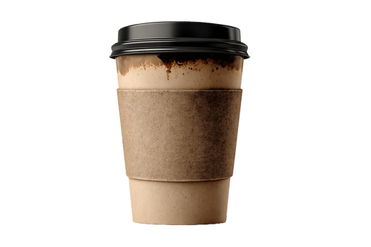 Disposable coffee cup with a dark lid and a paper sleeve showing coffee stains png