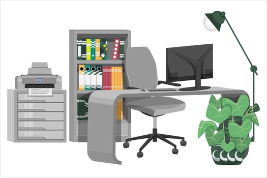 Office setup for home office work from home or freelance with bookshelf table chair pc computer files folder book on white background and with cabinet printer houseplant vector