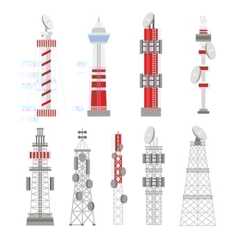 Set of Radio Tower Building Collection isolated on white background, global digital technology construction with 5G, 4G, and mobile network equipment vector