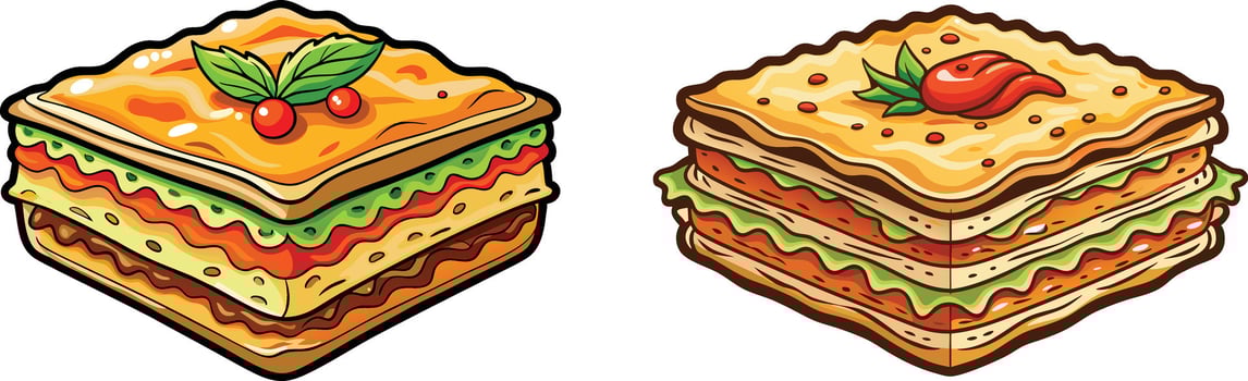 Delicious cartoon style lasagna portions with vibrant layers and garnishes vector