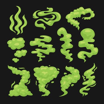 Set of Green Smelling Smoke Set Collection, smoke and toxic steam set, stench or stink, fume trails, disgusting stinky breathing, fart, spoiled rotten food odor, toxic poison, illustration vector
