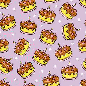 Seamless pattern of birthday cakes with candles on a lilac backdrop. vector