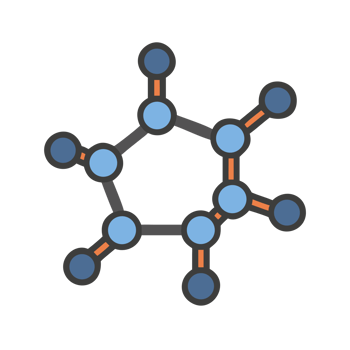 Blue and orange molecular structure on black isolated on a transparent background png