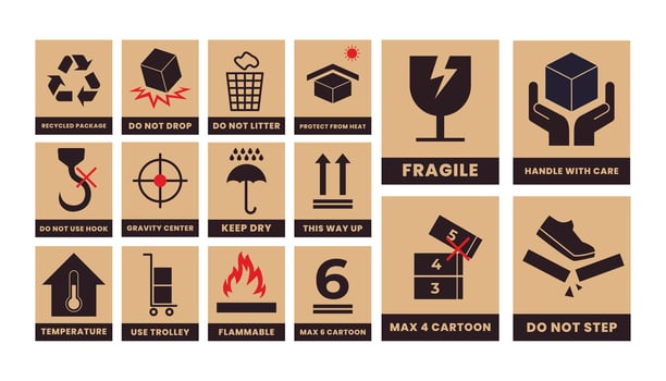Set of Fragile Symbol Sticker Label Set Collection, Handle with Care Sticker for Shipping and Packages. Delivery Parcel Cargo Warning Information, Icon Illustration. vector