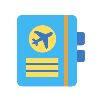 Blue passport with airplane and yellow stripes isolated on a transparent background png