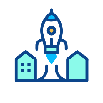 Blue rocket launching between light blue buildings isolated on a transparent background png