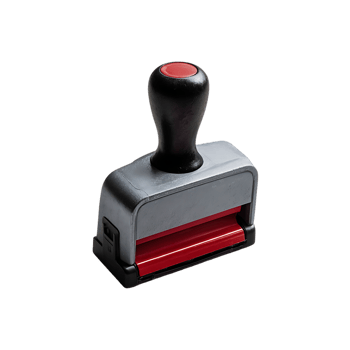 A gray and red hand stamp with a black handle ready to use png