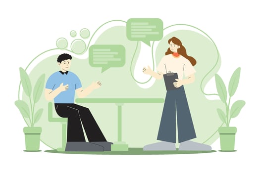 Male and female coworkers discussing project with speech bubbles and clipboard in relaxed office environment. Team collaboration and idea sharing in progress. vector