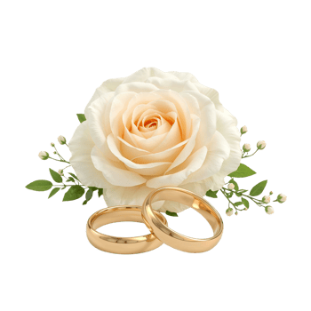 Elegant Arrangement of Cream Rose and Golden Wedding Rings on Transparent Setting png