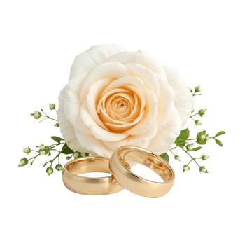Golden wedding rings nestled near a delicate creamy rose on transparent setting, symbolizing png