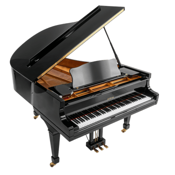Elegant grand piano with an open lid showcasing keys and a polished ebony exterior png