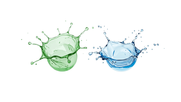 Vibrant liquid collision bursts of blue and green hues on isolated clear canvas background png