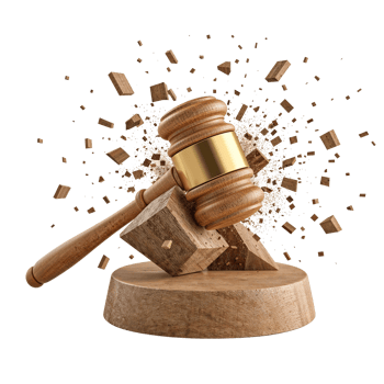 Symbolic justice hammer shattering stone, representing legal power and consequences with fractured png