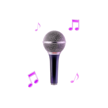 Glowing microphone surrounded by floating music notes against a transparent backdrop png