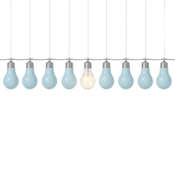 Illuminated row of pale blue bulbs interspersed with a single bright bulb emphasis png
