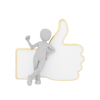 Figurine leaning against a stylized thumbs up symbol conveying positivity and approval with clarity png