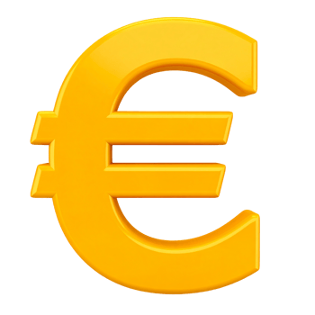 Golden euro symbol in brilliant illumination on transparent background png
