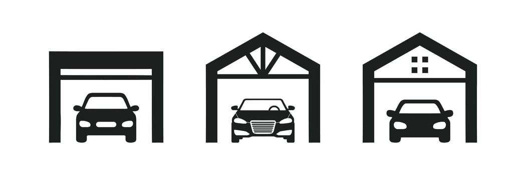 Three Simple Car Garage Icons Modern, Minimalist, Black . vector