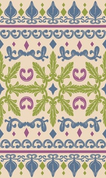 Full vertical layout combining floral medallions, ornamental trims and diamond motifs in a cohesive vintage palette. Ideal for product packaging, book covers, fabric print project, antique elegance vector