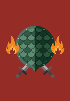 Medieval Shield with Swords and Flames. vector