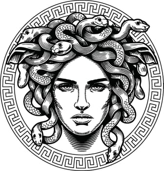 Medusa head with snakes and Greek key border Gorgon vector