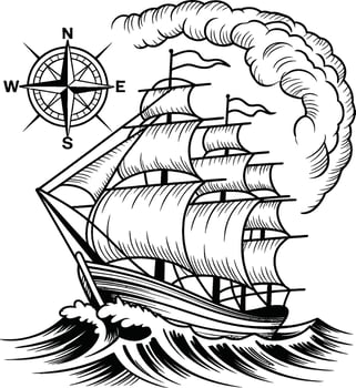 Sailing ship on rough seas with compass and smoke boat vector