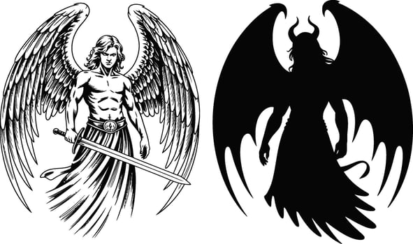 Angel And Devil Figures With Wings demon sword vector