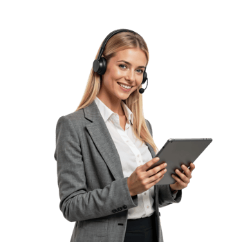 A woman wearing a headset and holding a tablet png