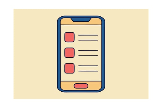 Stylized cartoon mobile phone with coral red squares blue outline technology communication vector