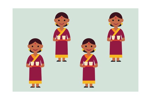 Four cartoon marathi women in maroon yellow saris holding trays with cups vector