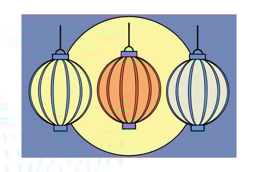 Three stylized cartoon paper lanterns hanging against a yellow circle blue vector