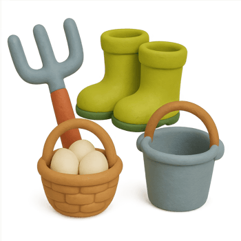 A set of toys including a pair of boots, a basket and an egg png