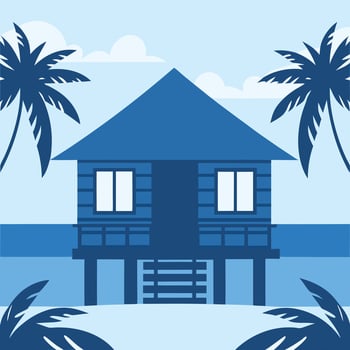 Tropical beach house on stilts surrounded by palm trees and ocean vector